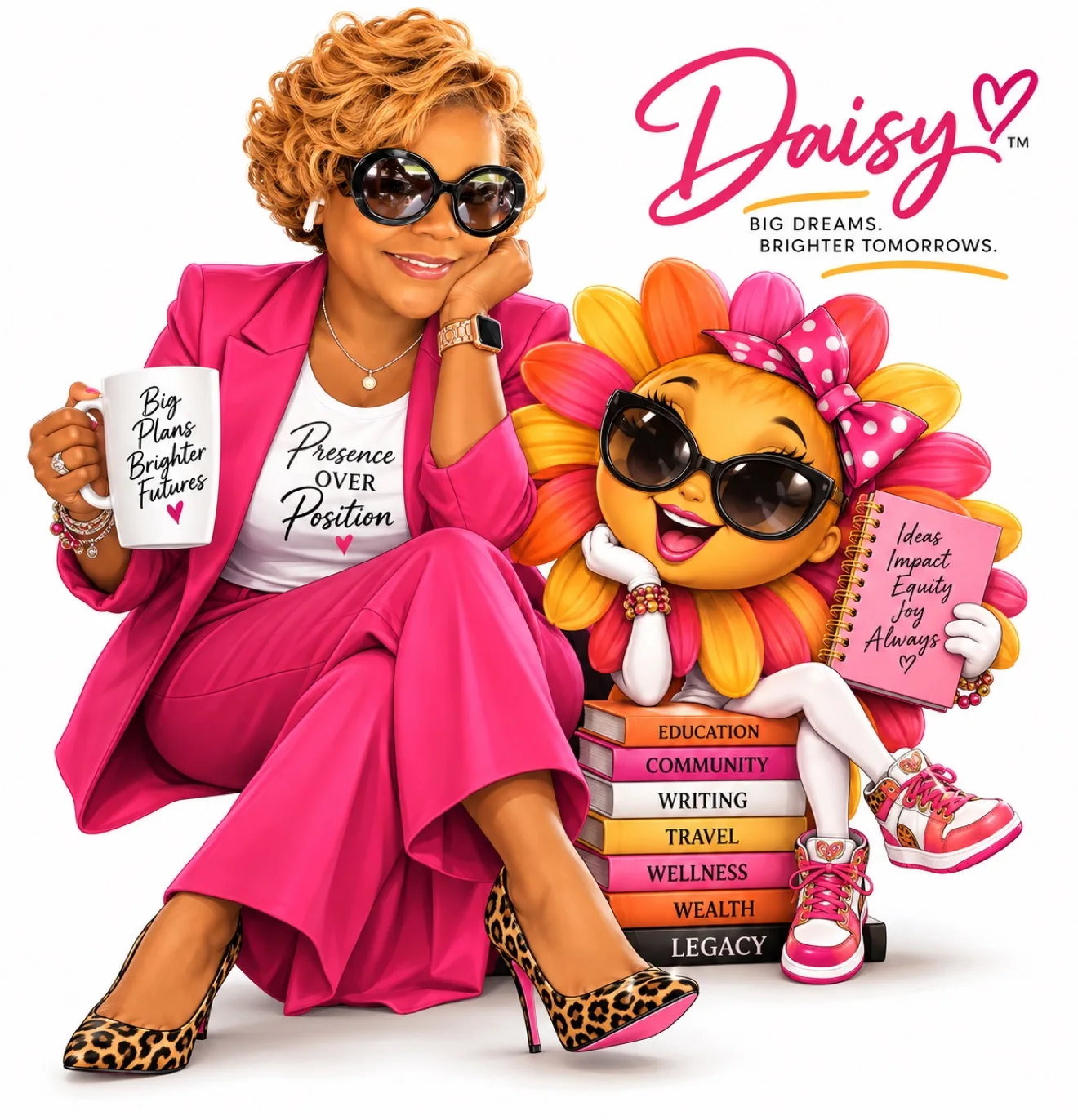 Daisy brand illustration of Dr. Tutt in a pink suit with her daisy mascot and books